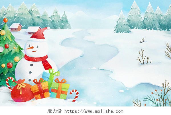 唯美圣诞节雪人礼物圣诞树水彩插画